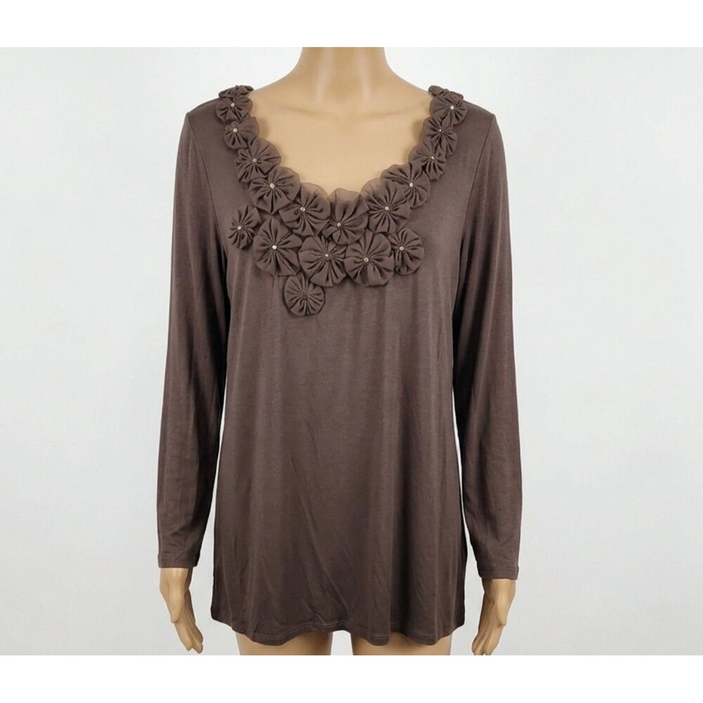 ADRIENNE VITTADINI Top 3X Brown Floral Appliqués Tunic Stretch Pullover Long Slv